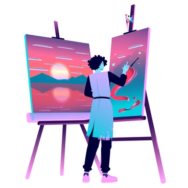 An artist with medium brown skin and curly hair is standing in front of a large canvas. The artist is intently focused on painting a vibrant sunset filled with hues of “orange” and “red flames.” The canvas is partially covered with swirling colors that reflect the setting sun. The scene has an easel beside the artist, and paintbrushes are scattered around in various colors. The background features a silhouette of distant mountains against the colorful sky. The artist is wearing a smock splattered with paint, adding to the creative atmosphere.