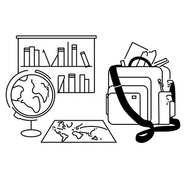 A school bag is placed on a desk, slightly open, revealing a few notebooks and a pencil case. Next to the school bag, there is a detailed globe showcasing continents and countries. A world map is spread out on the desk, displaying various geographical features and landmarks. The classroom environment includes bookshelves in the background and a window with light filtering through, enhancing the academic atmosphere of a geography class.