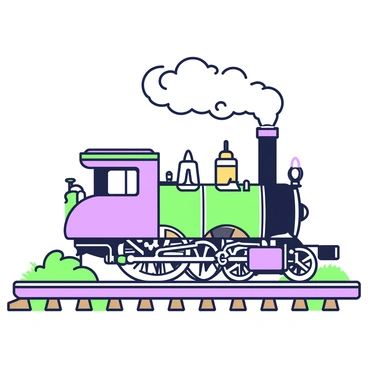 A vintage steam engine train is positioned on the tracks, showcasing its mechanical prowess. The train features a large, cylindrical boiler with intricate piping and a prominent smokestack. Steam is billowing out from the smokestack in thick white clouds, creating a sense of dynamism. The front of the train is adorned with a brass bell and a polished headlamp. The wheels are large and robust, with visible detailing that highlights their structure. Surrounding the train, there are textured wooden railway ties and grassy patches along the track, enhancing the scene.