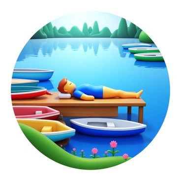 A person lying on a wooden dock, napping peacefully. The lake is calm with gentle ripples, reflecting the surrounding trees and sky. Several boats are tied up along the side of the dock, varying in colors and sizes. The sun casts soft shadows on the dock, enhancing the scene. A few wildflowers grow at the edge of the dock, adding a touch of color to the natural setting.