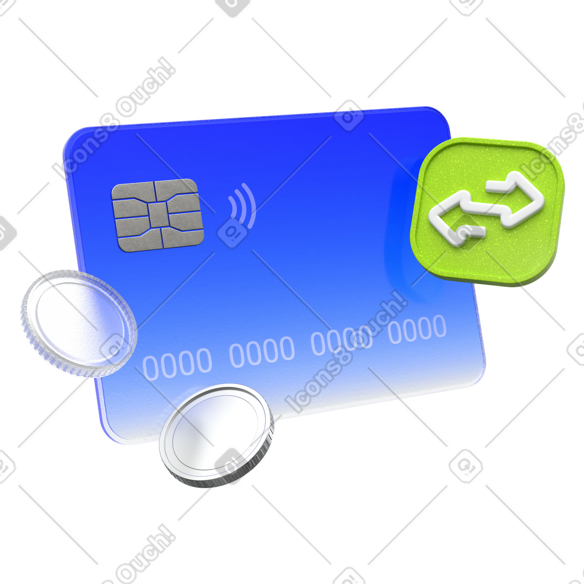 Credit card payment with coins and transfer arrows illustration in 3D Enterprise style download in PNG, SVG