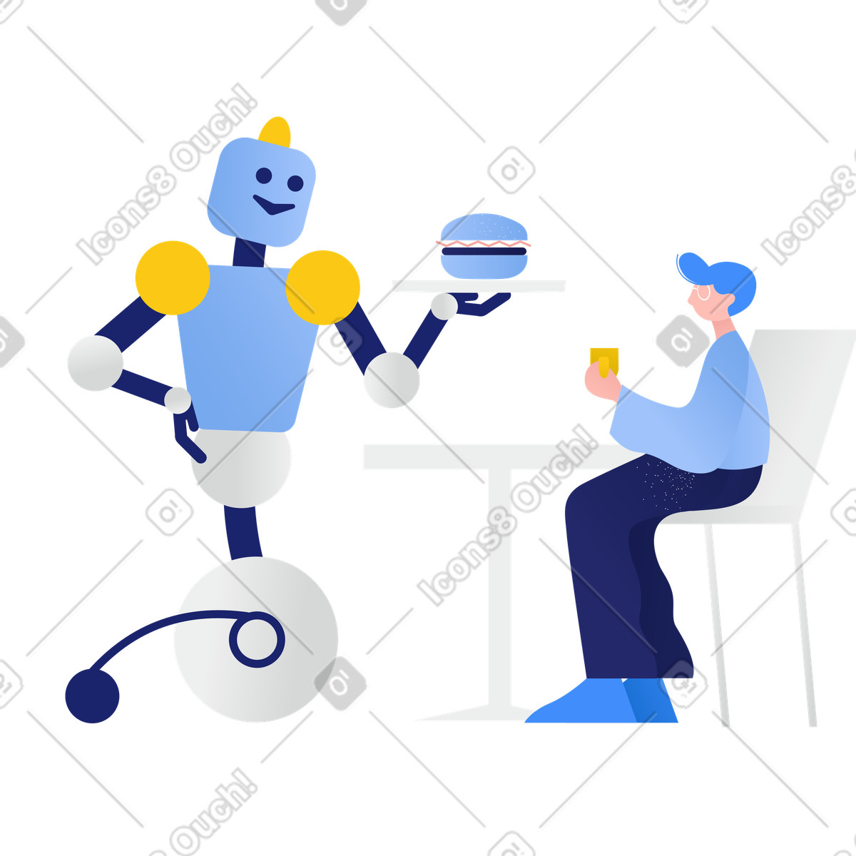 Cameriere robot che serve un hamburger a cliente illustrazione in stile Clip scarica in PNG, SVG