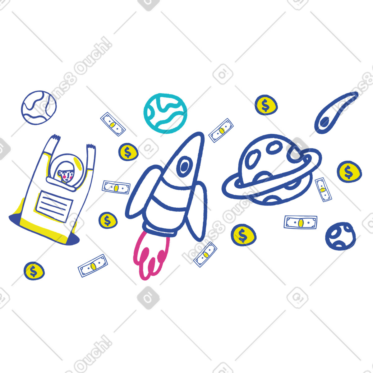 Astronaut schwebt im weltraum und versucht, geld zu fangen-Illustration Lime-Stil als Download in PNG, SVG
