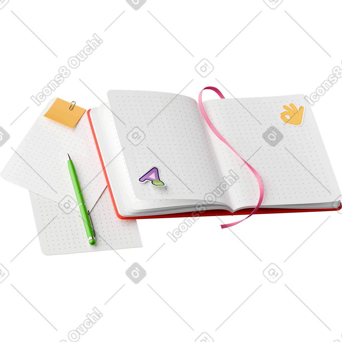 有贴纸、笔和笔记的笔记本插图，PNG、SVG格式