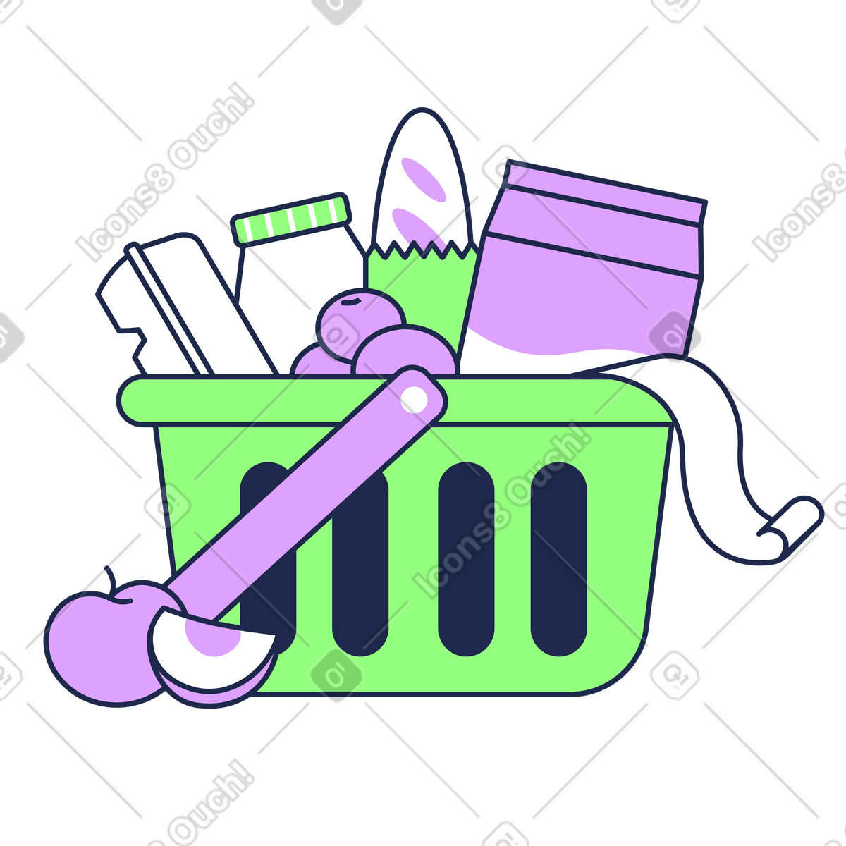 Full shopping basket with groceries and receipt, Fresh market or healthy eating illustration in Outline style download in PNG, SVG