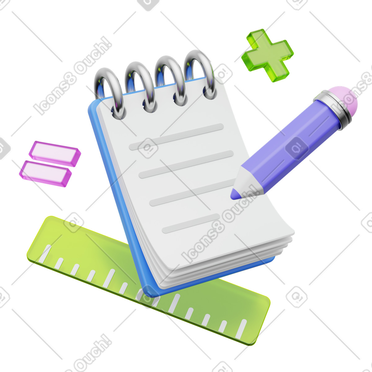 Notepad, pencil, ruler, creative workspace tools, learning and organization illustration in PNG, SVG