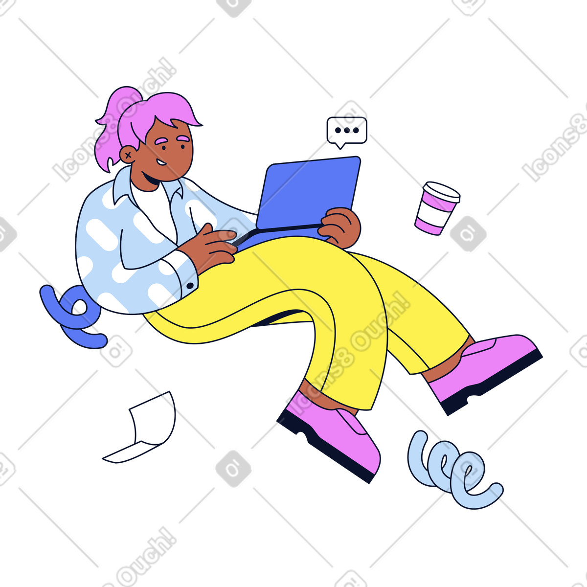 Office worker with coffee to go texting from laptop illustration in Flexy style download in PNG, SVG