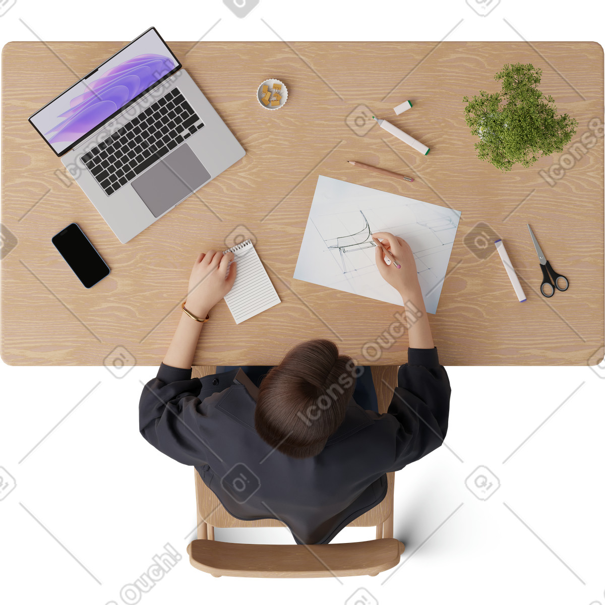 Top view of young woman sketching furniture illustration in 3D Hygge style download in PNG, SVG