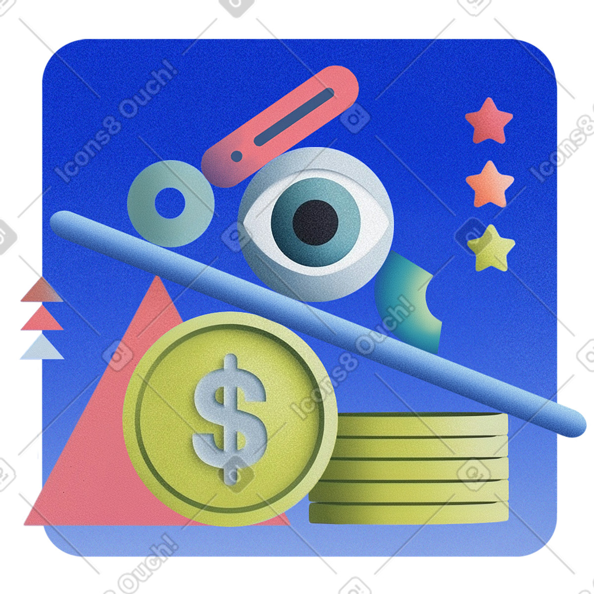 Illustration Pièces de monnaie en dollars et formes abstraites, budgétisation stabilité financière dans le style Grainy à télécharger aux formats PNG, SVG