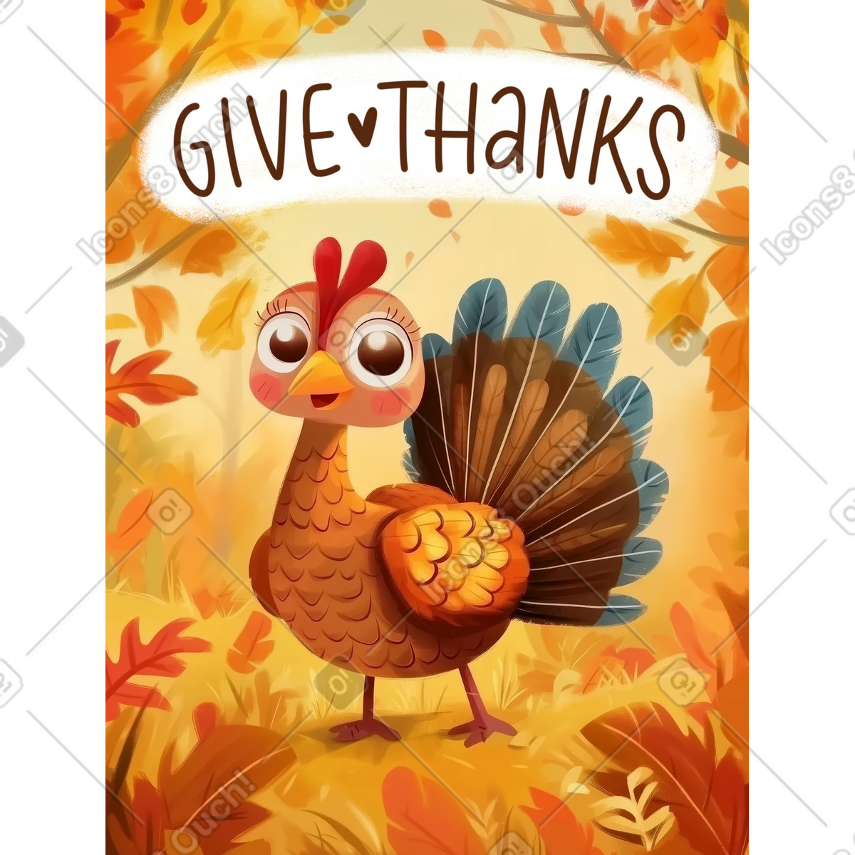 Thanksgiving postcard with a cute turkey and give thanks text illustration in Postcards style download in PNG, SVG