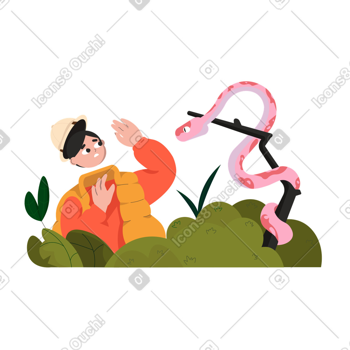 Hiker facing snake illustration depicting danger, a fatal error clipart SVG GIF image