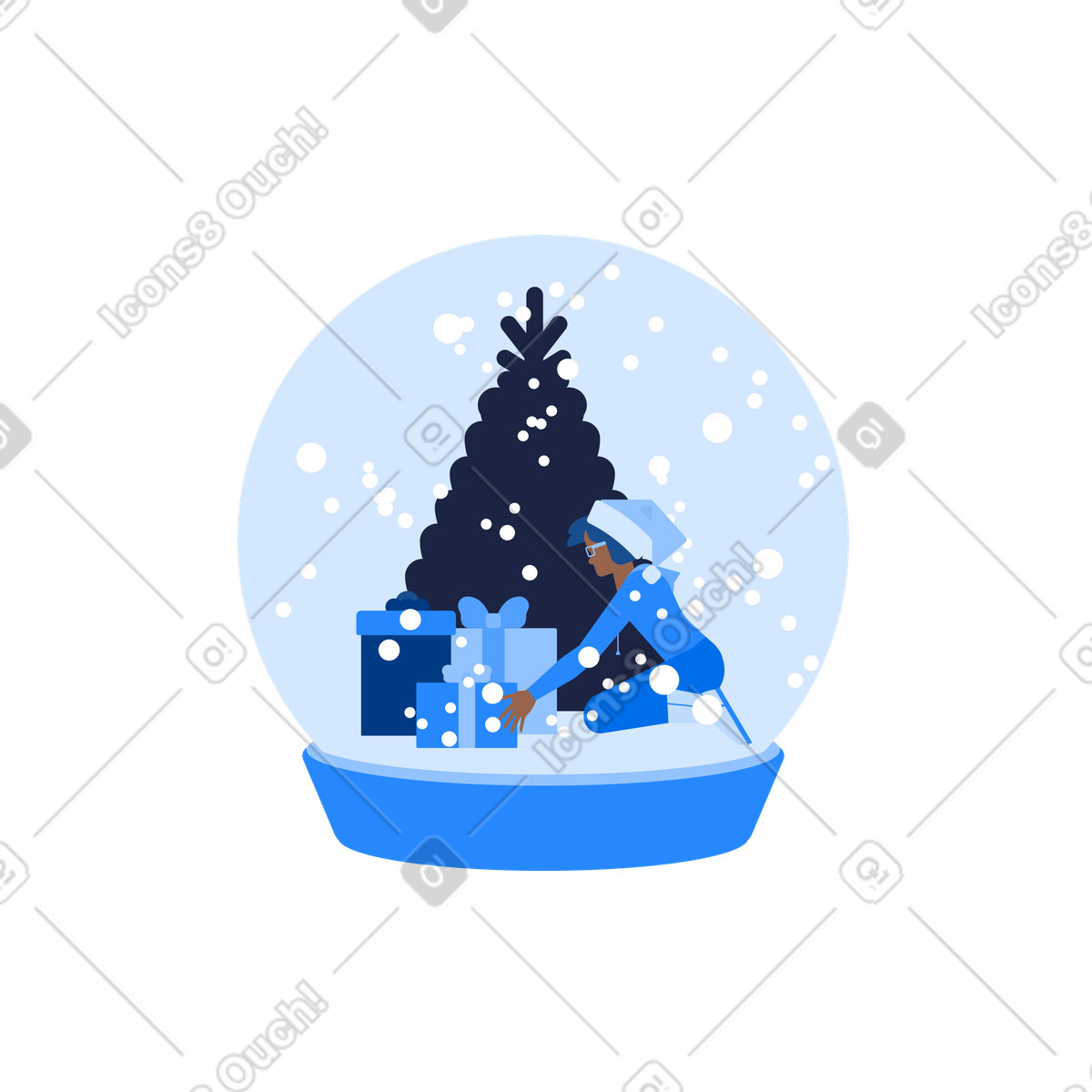 Frau mit geschenken in der nähe von weihnachtsbaum schneekugel-Illustration im Urban-Stil als Download PNG, SVG