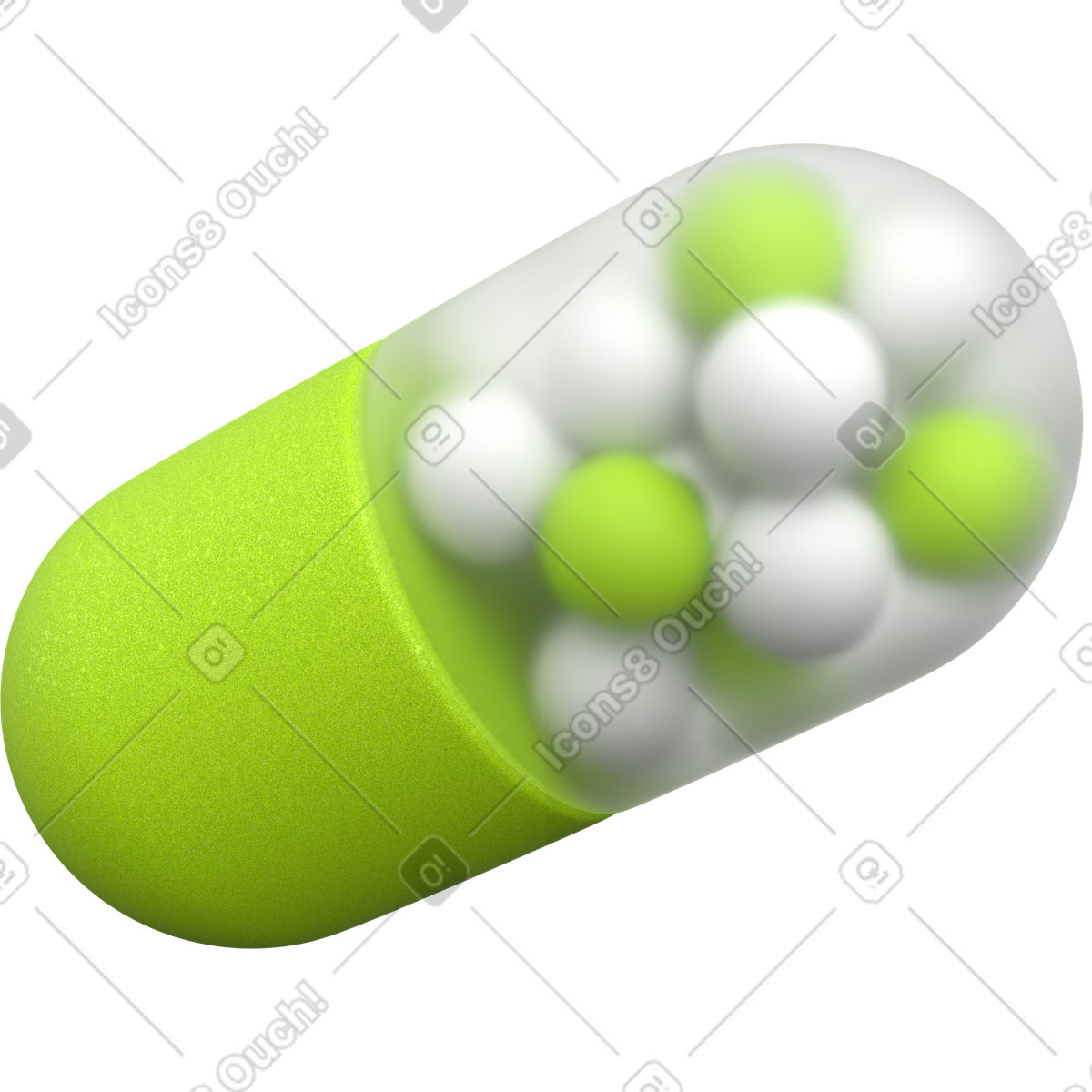 Ilustración Cápsula verde 3d con gránulos, icono de medicina farmacéutica. en estilo Enterprise a descargar en PNG y SVG