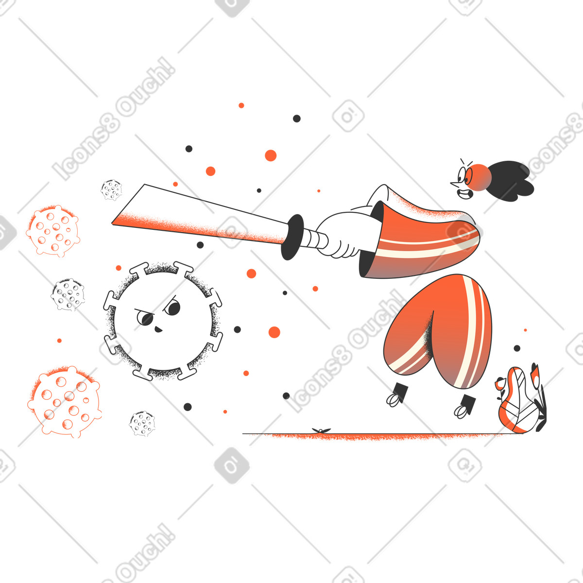 Illustration Une femme luttant contre le virus covid-19 avec épée dans style Crayon à télécharger aux formats PNG, SVG