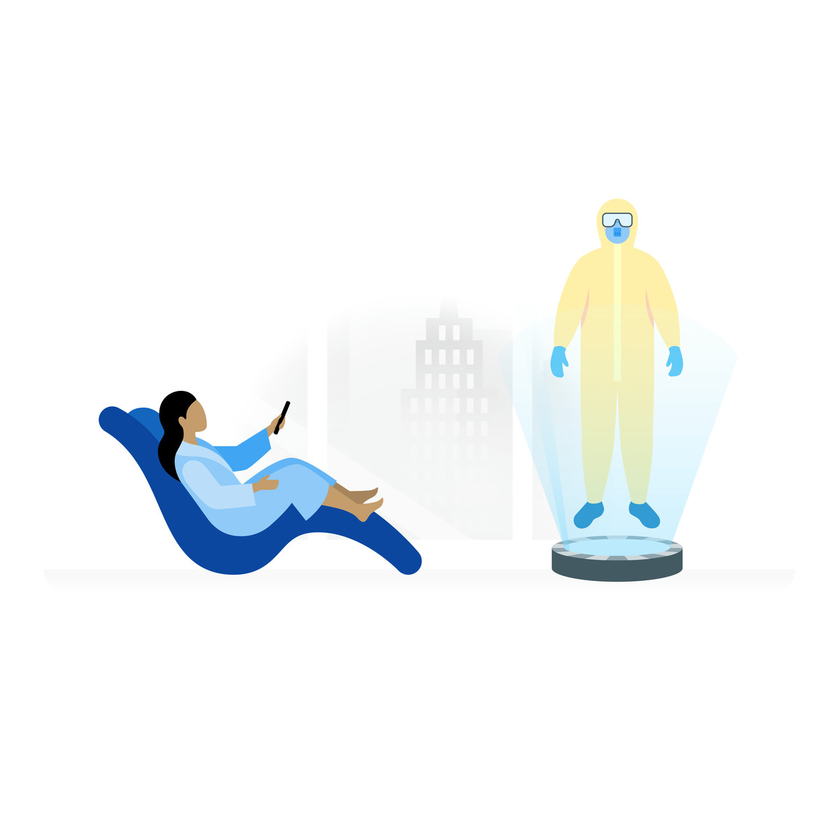 Fogg 스타일의 Woman choosing protective suit on hologram 일러스트레이션 PNG, SVG 다운로드