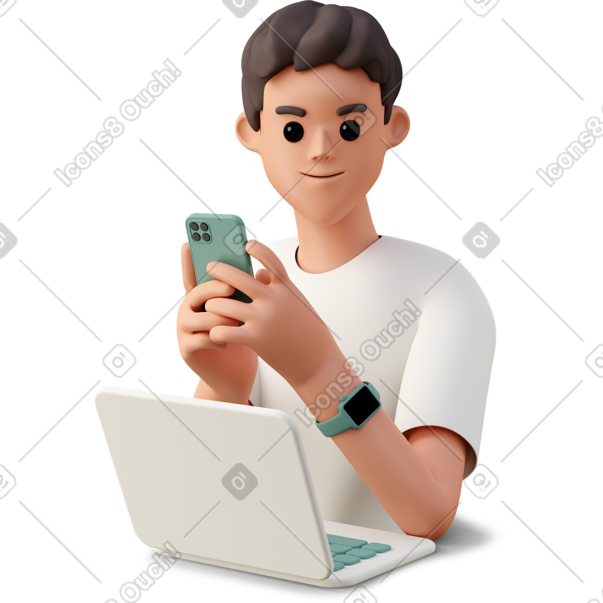 Ilustración Joven con teléfono usando laptop en estilo 3D Casual life a descargar en PNG y SVG