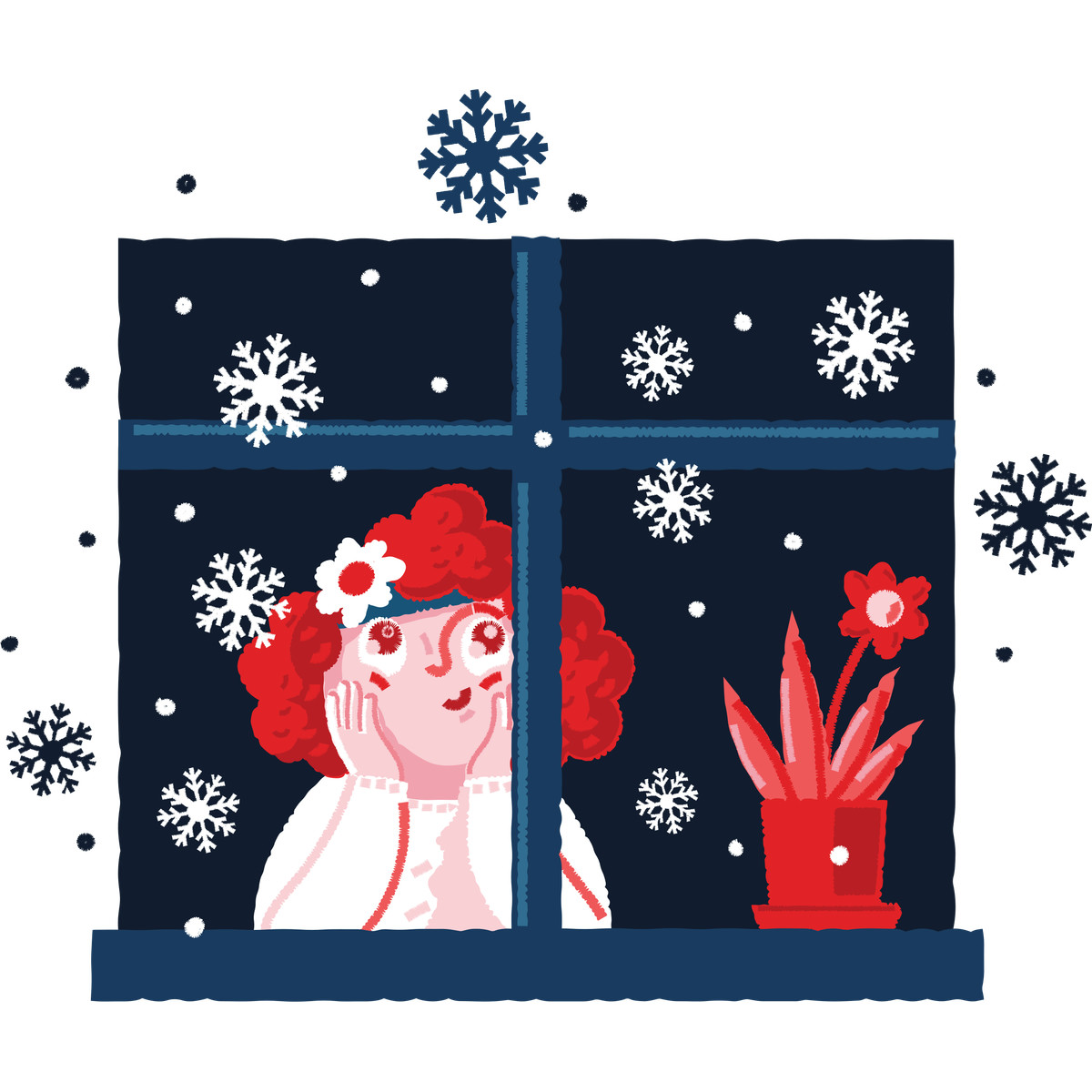 A woman looking out a window at snowflakes illustration in PNG, SVG