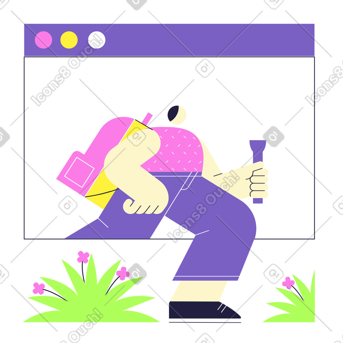 Traveler stepping out of browser window, Logging and digital exit concept illustration in Mellow style download in PNG, SVG