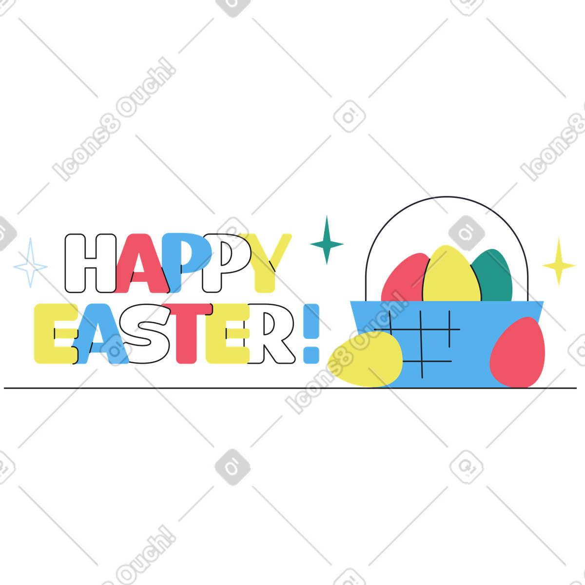 Happy Easter text with sparkles and eggs, Spring holiday celebration-Illustration im Boba-Stil als Download in PNG, SVG
