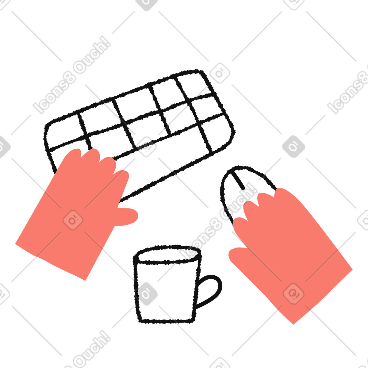 Ilustração de Keyboard typing hands with mouse and coffee mug for workspace em no estilo Bold People para baixar em PNG, SVG