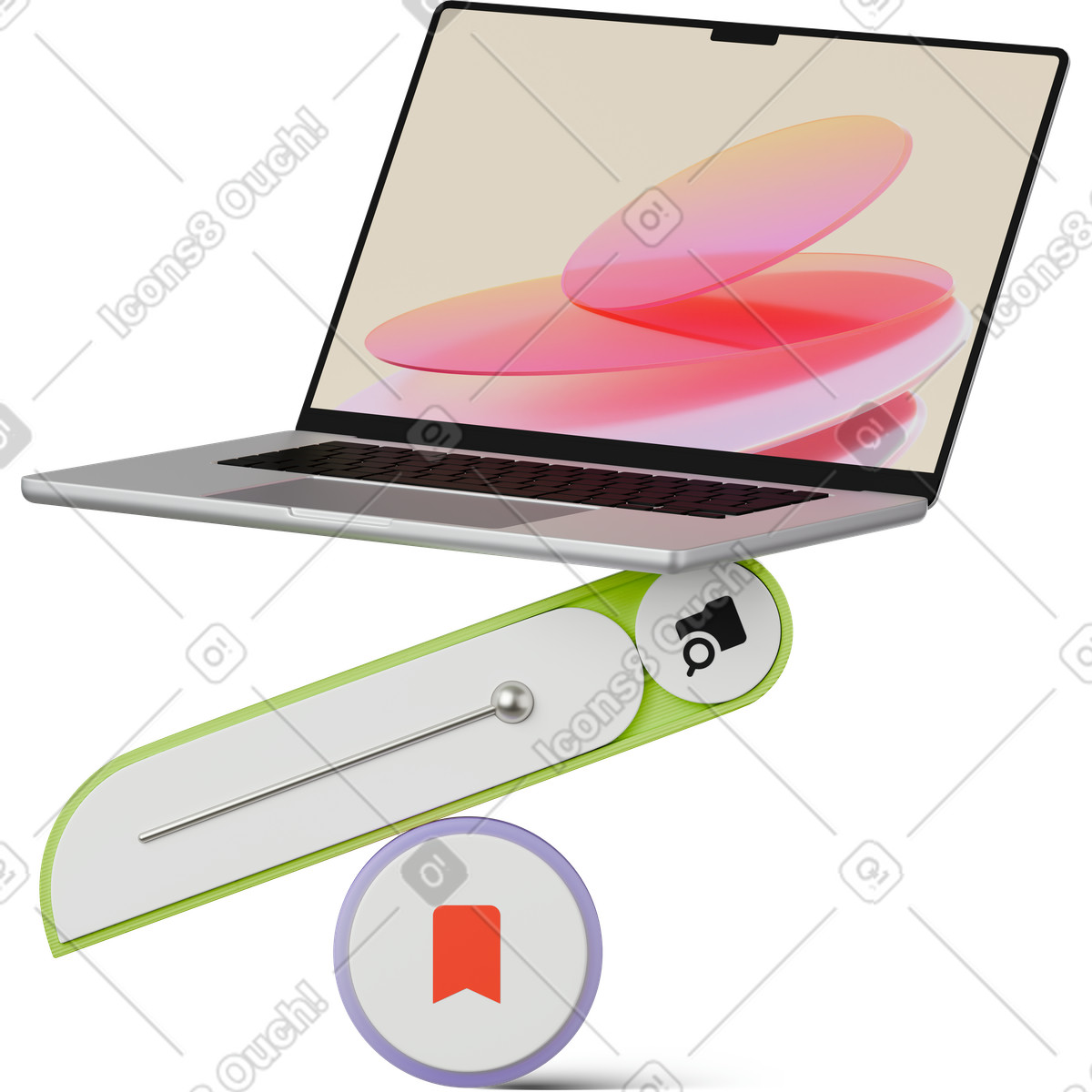 Анимированная иллюстрация Front view of laptop on figures в стиле 3D Hygge — скачать в форматах GIF, Lottie (JSON), AE