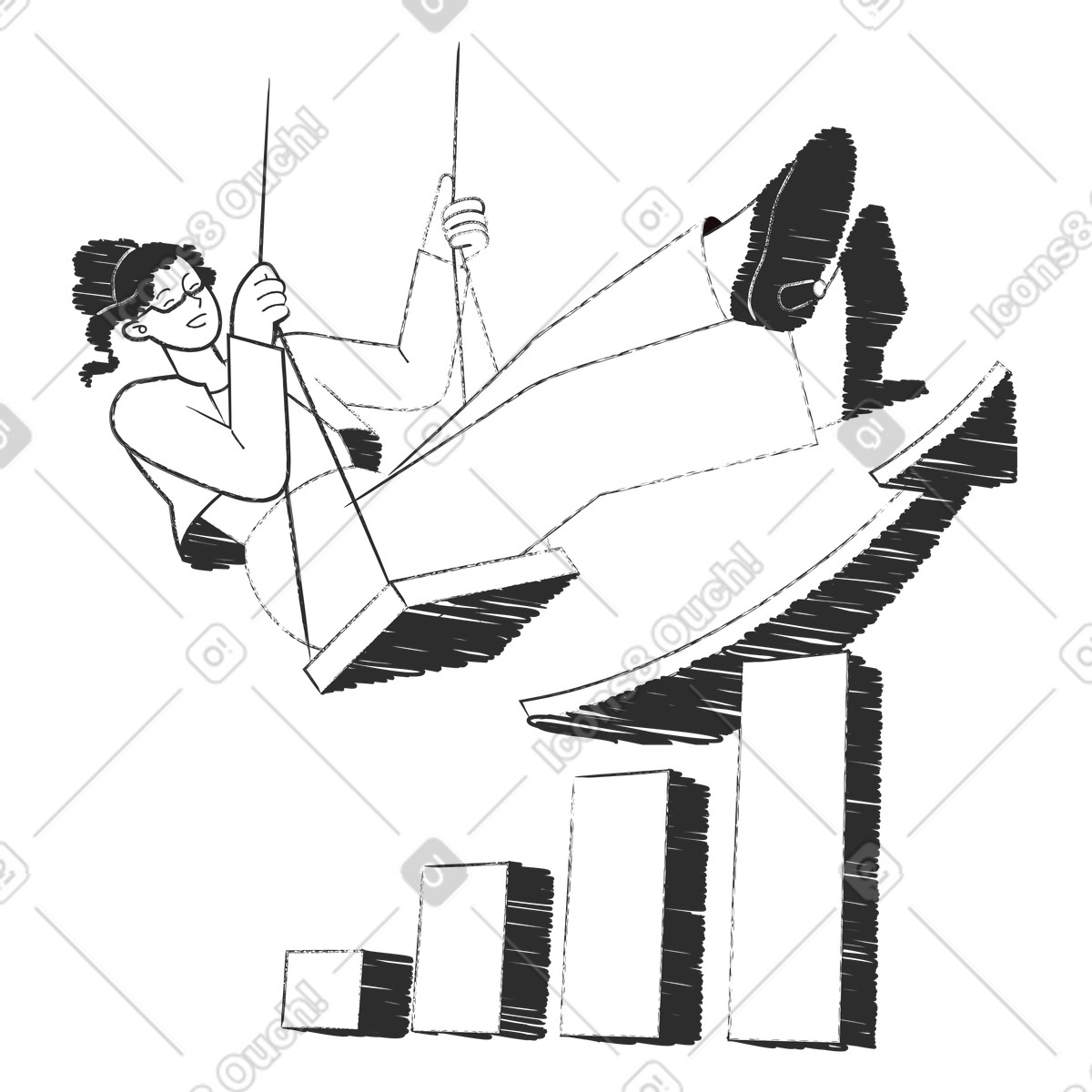 Ilustração de Swinging over rising bar chart, business growth and financial success em no estilo Graphite para baixar em PNG, SVG