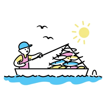 A fisherman wearing a blue cap and a red vest is pulling in a large net filled with various fish, including colorful mackerels and silver sardines, from the calm sea. The fisherman is standing on a small wooden boat, with waves lapping gently against the sides. The sun is setting on the horizon, casting a warm golden glow over the scene. Seagulls can be seen flying above, circling the boat in anticipation.