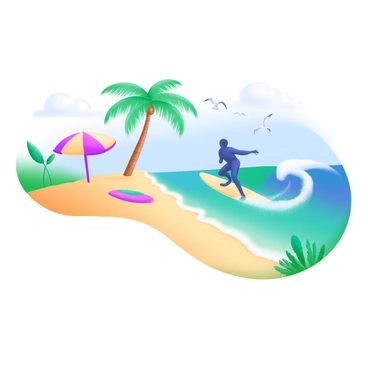 A sunny beach scene with golden sand and gentle waves crashing onto the shore. In the foreground, a lone surfer is skillfully riding a wave, his silhouette outlined against the bright blue sky. The ocean is a vibrant shade of turquoise, reflecting the sunlight. Surrounding the beach are a few palm trees swaying slightly in the warm breeze, and in the distance, seagulls are flying above the water. A beach umbrella and a towel can be seen on the sand, adding to the lively atmosphere of the beach.