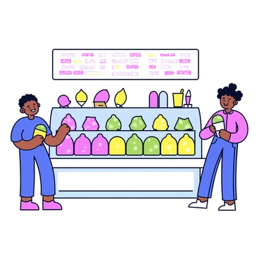 A cheerful gelato shop with a display case filled with a variety of bright gelato flavors. The display case showcases scoops of gelato in colors like pink strawberry, green pistachio, and yellow lemon. The shop has a light and inviting atmosphere, with a clean counter and a colorful menu board above. Brightly colored utensils and small decorations enhance the lively feel of the shop. There are also a few customers happily choosing their favorite flavors.