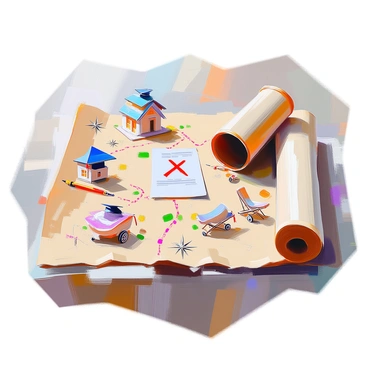 A treasure map spread out on an old wooden table, featuring a winding path marked with a bold "X" indicating the location of a "SudLife policy document." Along the path, there are intricately drawn landmarks symbolizing various life stages. These include a small house representing homeownership, a graduation cap symbolizing education, a baby carriage for parenthood, and a retirement sun chair for the golden years. Each landmark is labeled with its corresponding life stage, and the map is bordered with decorative illustrations of compass roses and ocean waves, adding an adventurous touch to the overall composition.
