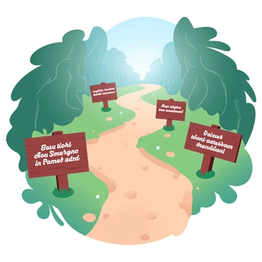 A winding path is visible, meandering through a dense forest filled with tall trees and lush green foliage. The ground is covered in a mix of dirt and small stones, with patches of grass peeking through. Along the sides of the path, several wooden signs are positioned at intervals, each displaying different phrases related to the rights from the 9th Amendment, written in clear, bold lettering. Sunlight filters through the canopy, casting gentle shadows on the path. The scene conveys a sense of exploration and discovery, as the path invites wanderers to read the signs and reflect on their meanings.