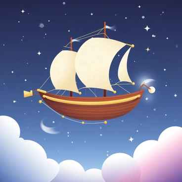 A large, ornate airship with wooden and brass details is floating gracefully in a vast starry night sky. The airship has large, billowing sails that are illuminated by soft moonlight, revealing intricate patterns. The sky is filled with countless twinkling stars scattered across deep blue and purple hues. Below the airship, fluffy white clouds drift lazily, partially obscuring the view of the ground. A gentle glow surrounds the airship, suggesting the presence of magical energy.