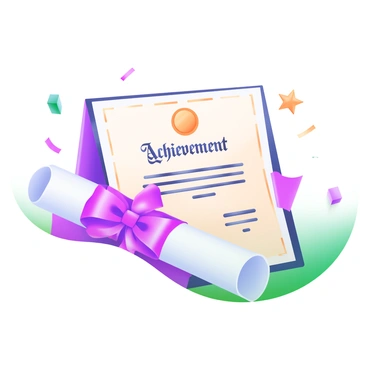 A diploma presented as if it is a gift, elegantly rolled and tied with a shiny red bow. The diploma features a golden seal and ornate lettering that reads "Achievement." Surrounding the diploma are confetti and small stars, adding a festive touch to the setting. The background is a soft pastel color, enhancing the celebratory atmosphere.