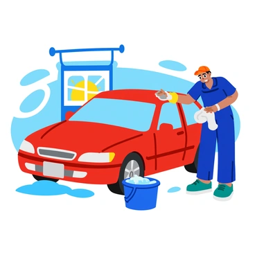 A shiny new car with a sleek design is being washed. Water droplets glisten on its polished surface as a soft foam covers the body. A person in a blue uniform is scrubbing the car with a sponge, carefully cleaning every detail. Nearby, a large bucket filled with soapy water sits on the ground, and a drying towel hangs over the edge. In the background, an open garage door reveals a bright sunny day outside, hinting at the car's upcoming delivery to its new owner.