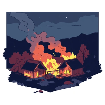 A village with thatched-roof cottages is engulfed in flames, casting a bright orange glow against the dark night sky. The fire blazes fiercely, with flames licking the edges of the structures and illuminating the surroundings. Thick, swirling gray smoke rises into the air, blending with the darkness above. Shadows of trees and distant hills are visible, contrasting against the fiery light of the village. The scene captures the chaos and intensity of the moment as the fire spreads through the village.