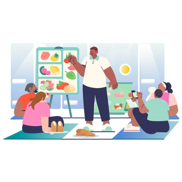 A nutrition workshop is taking place in a bright gym setting. In the center, a speaker with short brown hair is standing beside a large display board that showcases various healthy meal options. The speaker is wearing a white polo shirt and black pants, gesturing towards images of colorful fruits and vegetables on the board. Around the speaker, several participants are seated on exercise mats, attentively listening and taking notes. There are plates of fresh food samples, including sliced cucumbers, strawberries, and whole grain bread, placed on a nearby table. The gym is well-lit, with mirrors on the walls and fitness equipment visible in the background.