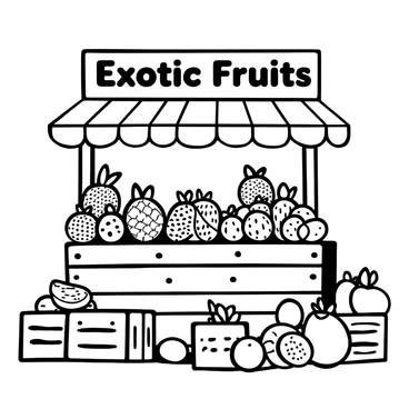 A street stand made of wooden planks showcasing an assortment of exotic fruits. The stand is filled with dragon fruits arranged neatly on one side, their unique shape and texture prominent. Rambutans with their hairy skins are piled high next to the dragon fruits. Mangoes are displayed in a variety of sizes, some whole and some sliced open to reveal their interior. The background includes a few small crates stacked, and a vibrant tablecloth drapes over the stand. Words "Exotic Fruits" are prominently displayed in bold letters above the stand.