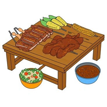 A large wooden table is filled with an array of barbecued meats, including glossy ribs, juicy chicken drumsticks, and skewers of grilled sausage, all with a smoky glaze. Next to the meats, there are several golden ears of corn, their husks peeled back to reveal the bright yellow kernels. Surrounding the main dishes, there are vibrant side dishes in colorful bowls, including a fresh green salad with tomatoes and cucumbers, a bowl of coleslaw with shredded carrots and cabbage, and a plate of baked beans simmering in a rich sauce. The scene is lively and inviting, suggesting a festive outdoor gathering.