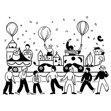 A black-and-white illustration of a lively parade scene. There are multiple floats decorated with intricate designs, each showcasing different themes. People are marching alongside the floats, wearing elaborate costumes that feature various patterns and textures. Large balloons are floating above, adding a festive atmosphere to the scene. Confetti is scattered throughout the air, enhancing the celebratory mood. The crowd is diverse, with individuals of different sizes and shapes, all engaged in the joyful celebration.