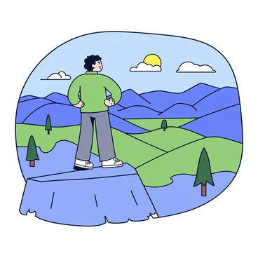 A person with dark hair, wearing a green jacket and gray pants, stands confidently on a rocky mountain peak. The individual gazes out over a vast landscape that features rolling hills and a distant range of mountains under a clear blue sky. Patches of green trees are scattered throughout the valley below, while the sun casts soft shadows across the terrain, highlighting the contours of the land. The person’s stance suggests a sense of adventure and exploration.