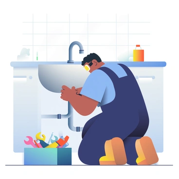 A lead plumber fixing pipes under a kitchen sink with a toolbox beside them