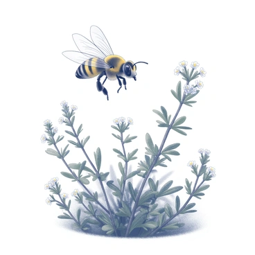 A bee is hovering above a thyme plant. The bee has distinct black and yellow stripes on its body, with transparent wings reflecting light. The thyme plant features small green leaves and tiny white flowers, creating a lush appearance. The surrounding garden is filled with a variety of plants and flowers, showcasing their details and textures. The scene captures the dynamic motion of the bee as it hovers near the thyme, emphasizing the interaction between the insect and the plant.