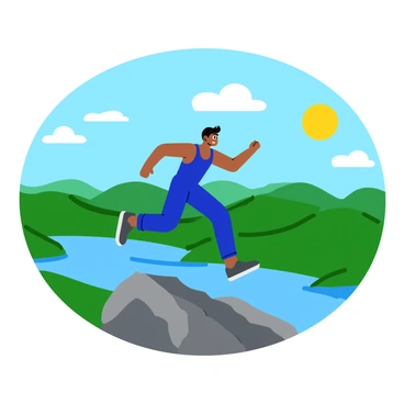 A person performing jumping jacks on a rocky mountain top. The individual is wearing a bright blue athletic outfit. Below, a vast landscape reveals rolling green hills and a shimmering lake reflecting the sunlight. The sky above is clear with a few fluffy white clouds drifting by. The sun casts a warm glow on the scene, highlighting the person's energetic movement.