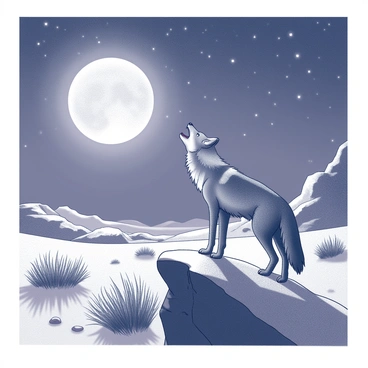A lone coyote stands on a rocky outcrop in a vast desert landscape. Its silhouette is illuminated by a large, full moon in the night sky. The coyote's head is raised, mouth open as it howls. Surrounding the coyote are rolling sand dunes, sparse vegetation, and distant rocky hills. The sky is filled with scattered stars, providing a luminous backdrop to the scene. Shadows stretch across the ground, enhancing the dramatic atmosphere of the nighttime desert environment.