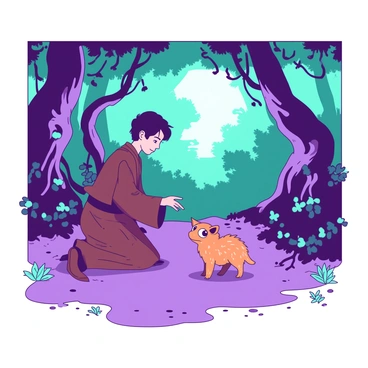 A young Jedi wearing a brown robe is kneeling on the soft, purple ground of an alien forest. The forest is filled with tall, twisting trees that have vibrant teal leaves. In front of the Jedi, a small, mystical creature with shimmering orange fur and large, curious eyes is cautiously approaching. Sunlight filters through the foliage, casting dappled light onto the ground. The Jedi extends a hand, palm up, inviting the creature to come closer. Small glowing plants surround them, adding to the magical atmosphere of the scene.