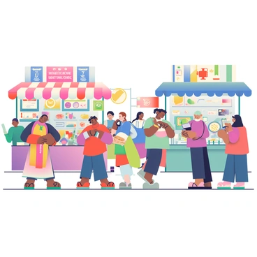 A bustling market scene is filled with vendors showcasing a variety of items from different historical periods and innovative future inventions. On one side, a vendor with a long, flowing robe is selling ancient coins and pottery, while next to him, another vendor displays futuristic gadgets with glowing screens and minimalist designs. Colorful banners hang overhead, each representing different eras, such as medieval, Victorian, and modern times. Customers of diverse backgrounds are examining the goods, some holding medieval swords, while others are trying on high-tech wrist devices. Stalls are adorned with vibrant fabrics and intricate designs, creating a lively and dynamic atmosphere throughout the market.