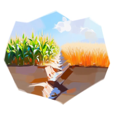 A landscape of farmland divided by a visible strike-slip fault line, showcasing distinct crops on either side. On the left side of the fault, rows of tall green corn plants stretch toward the horizon, their leaves catching the sunlight. On the right side, a vibrant patch of golden wheat sways gently in the breeze, contrasting with the dense corn. The fault line itself is marked by a slight crack in the ground, with small rocks scattered along its edge. The sky above is clear, providing a bright backdrop to the colorful crops below.