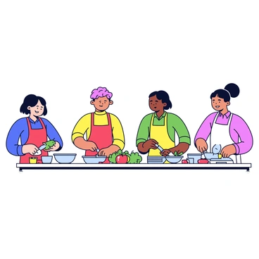 A kitchen counter in a bright, well-lit cooking class. Several students are standing at the counter, focused on preparing ingredients. One student is chopping fresh vegetables with a knife, while another is measuring out flour in a clear bowl. A third student is whisking eggs in a mixing bowl. Each student has an apron on, and there are various cooking utensils and fresh produce scattered across the counter, including herbs and spices.