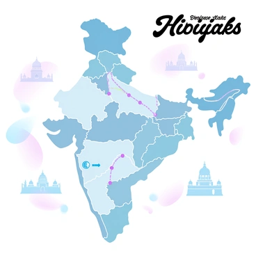 A map of India is displayed, showcasing various routes highlighted for heritage walks in historical cities. The map features detailed outlines of the states and major cities, each marked with distinct icons representing historical landmarks. Colorful lines trace the designated walking routes, connecting various points of interest. Surrounding the map are small illustrations of architectural features, such as temples, forts, and ancient monuments, representing the rich heritage. "Heritage Walks" is prominently written at the top of the map in an elegant font. The background utilizes gradient pastel colors to enhance visual appeal.