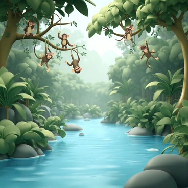 A jungle river, with clear blue water flowing gently, winding through dense green vegetation. Lush trees with broad leaves surround the riverbank, creating a vibrant canopy overhead. Monkeys, with brown fur and playful expressions, are swinging energetically from branch to branch, some hanging upside down while others perch on the limbs looking curiously at the scene below. Vines dangle from the trees, adding to the rich texture of the jungle landscape. The sunlight filters through the leaves, casting dappled shadows on the forest floor.
